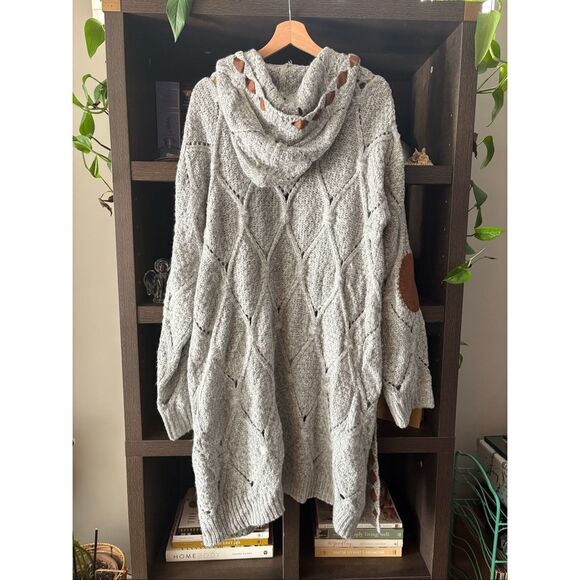 POL Gray Cable Knit Patchwork Oversized Hooded Cardigan Sweater Size Medium - Picture 5 of 9